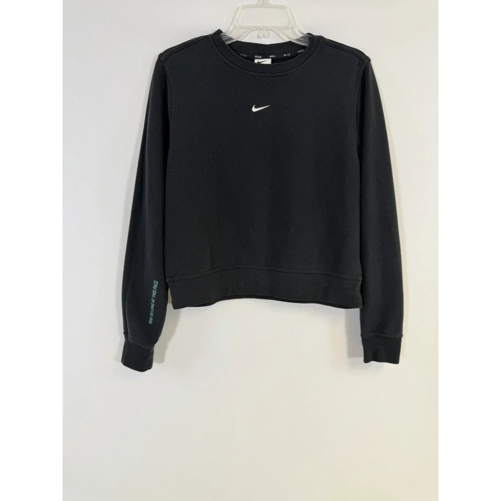 VTG Nike‎ Sweatshirt Womens M Black Long Sleeve Center Swoosh Graphic Back Crew